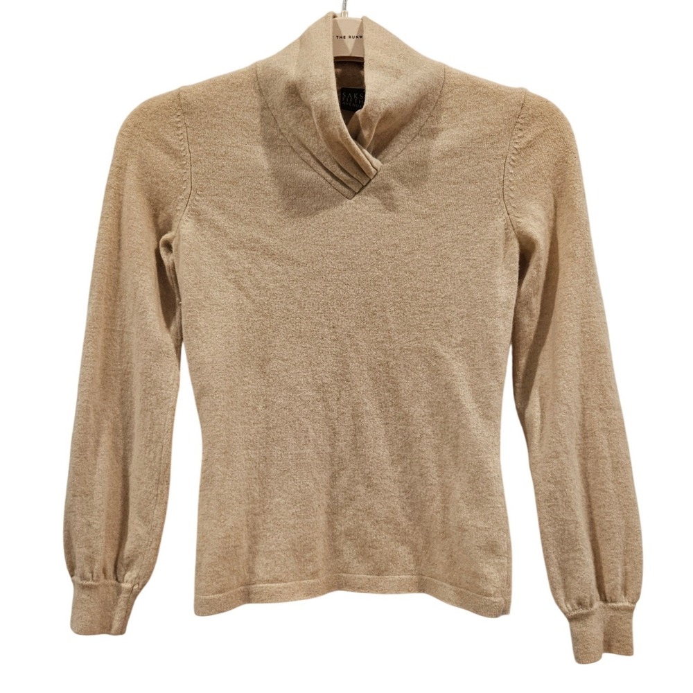 Saks Fifth Avenue Tan 100% Cashmere Shawl Mock Neck Puff Sleeve Sweater XS